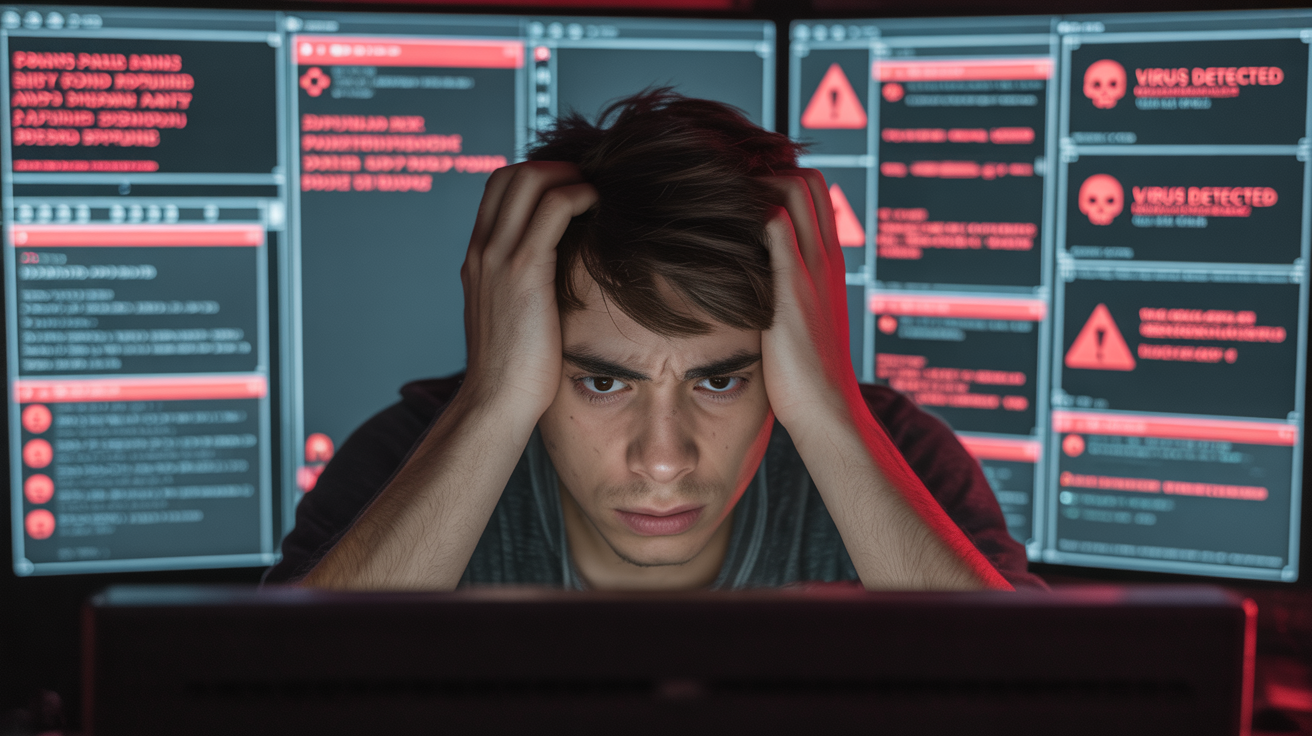 Frustrated gamer dealing with malware from free cheats