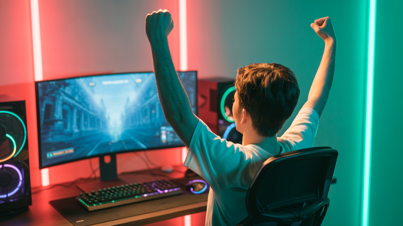 Gamer celebrating victory with premium gaming setup